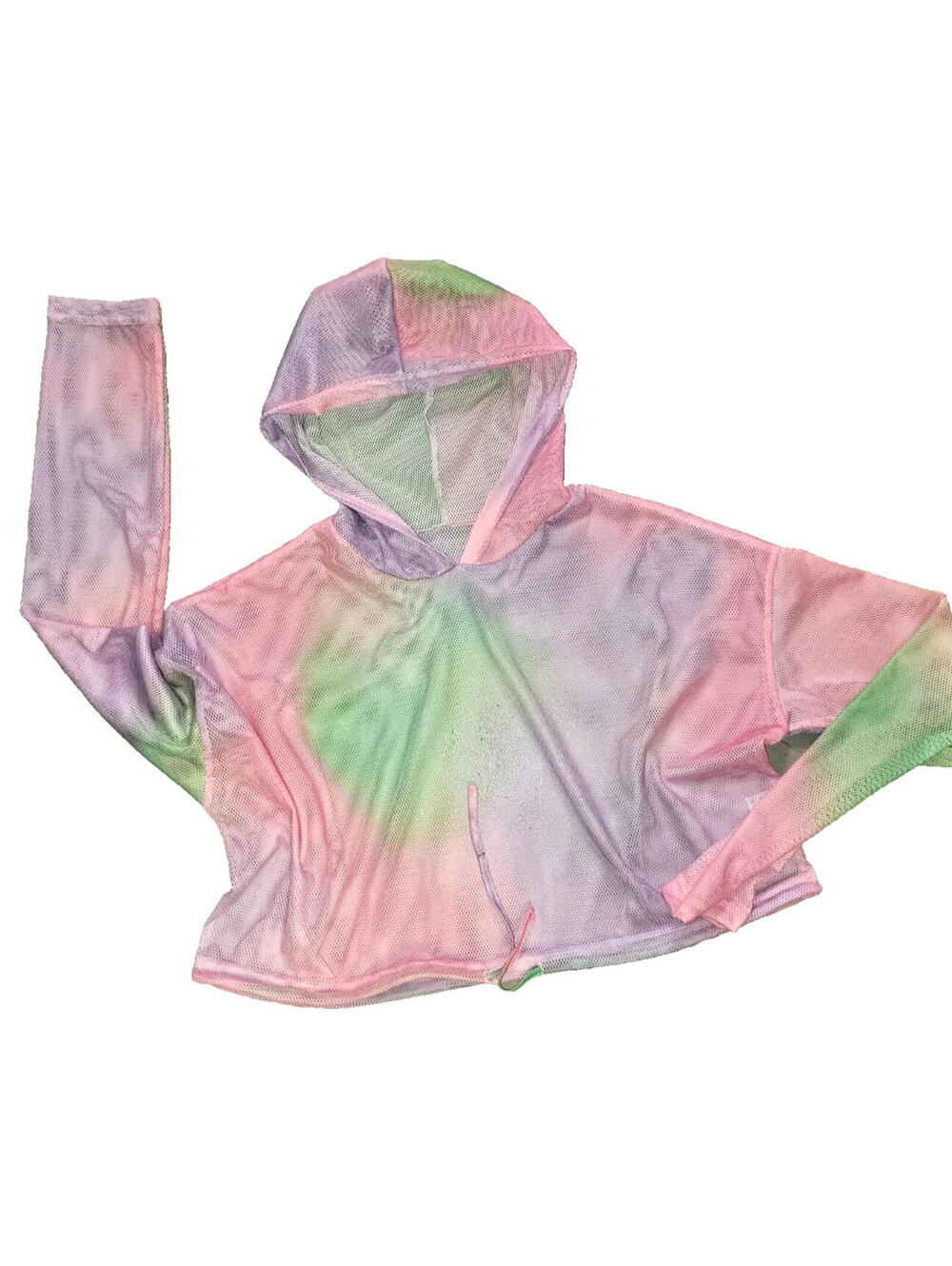 New Pink Tyedye Mesh Hoodie Top Drawstring Shirt Size XL Glam Workout Kawaii